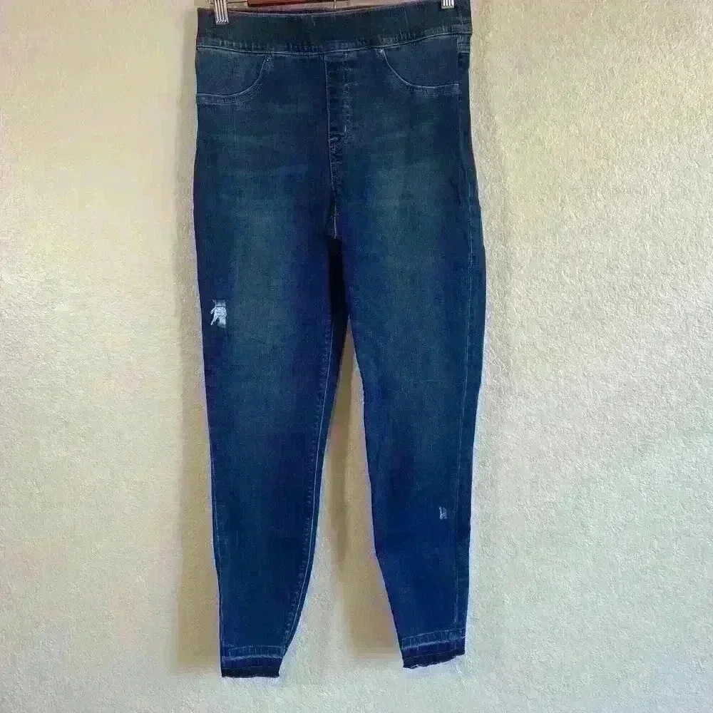 Spanx pull-on High Rise Raw Hem light distressed Blue Jean Leggings Women Size M